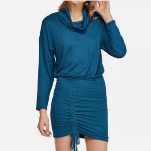 Free People Sundown Cowl Mini  Dress Size XS NWT Teal Blue Ruched Knit